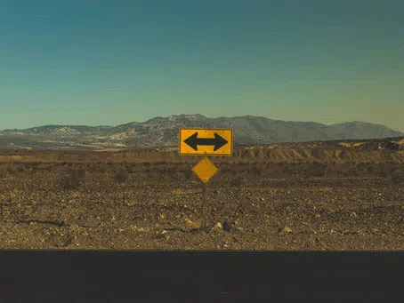 Yellow road sign with arrows pointing left and right against a barren landscape.
