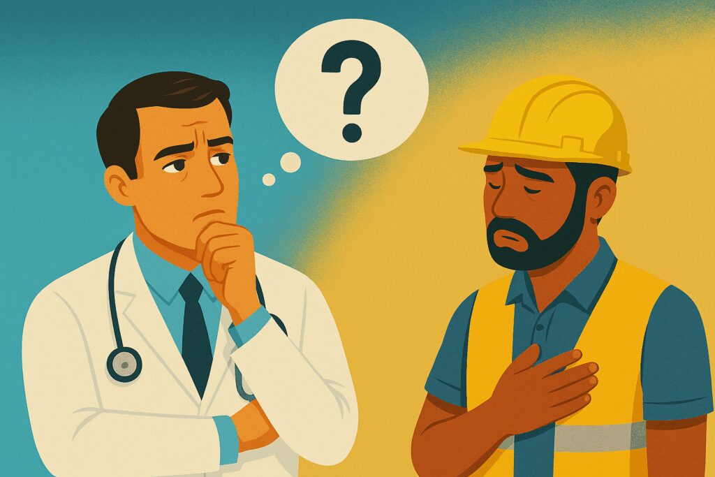 Doctor with stethoscope thinking as construction worker holds chest showing discomfort.
