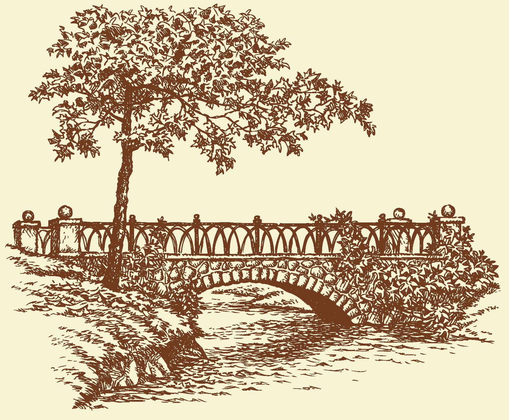 Stone arch bridge with decorative railing over water, surrounded by tree and plants.