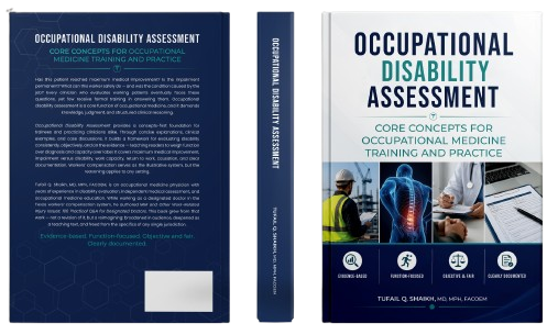 Two book covers: a dark blue back cover and a white front cover for “Occupational Disability Assessment,” with spine text and images of people and medical icons.