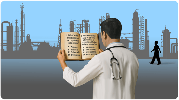 Doctor in white coat with stethoscope reading an open book against a distant industrial factory skyline.